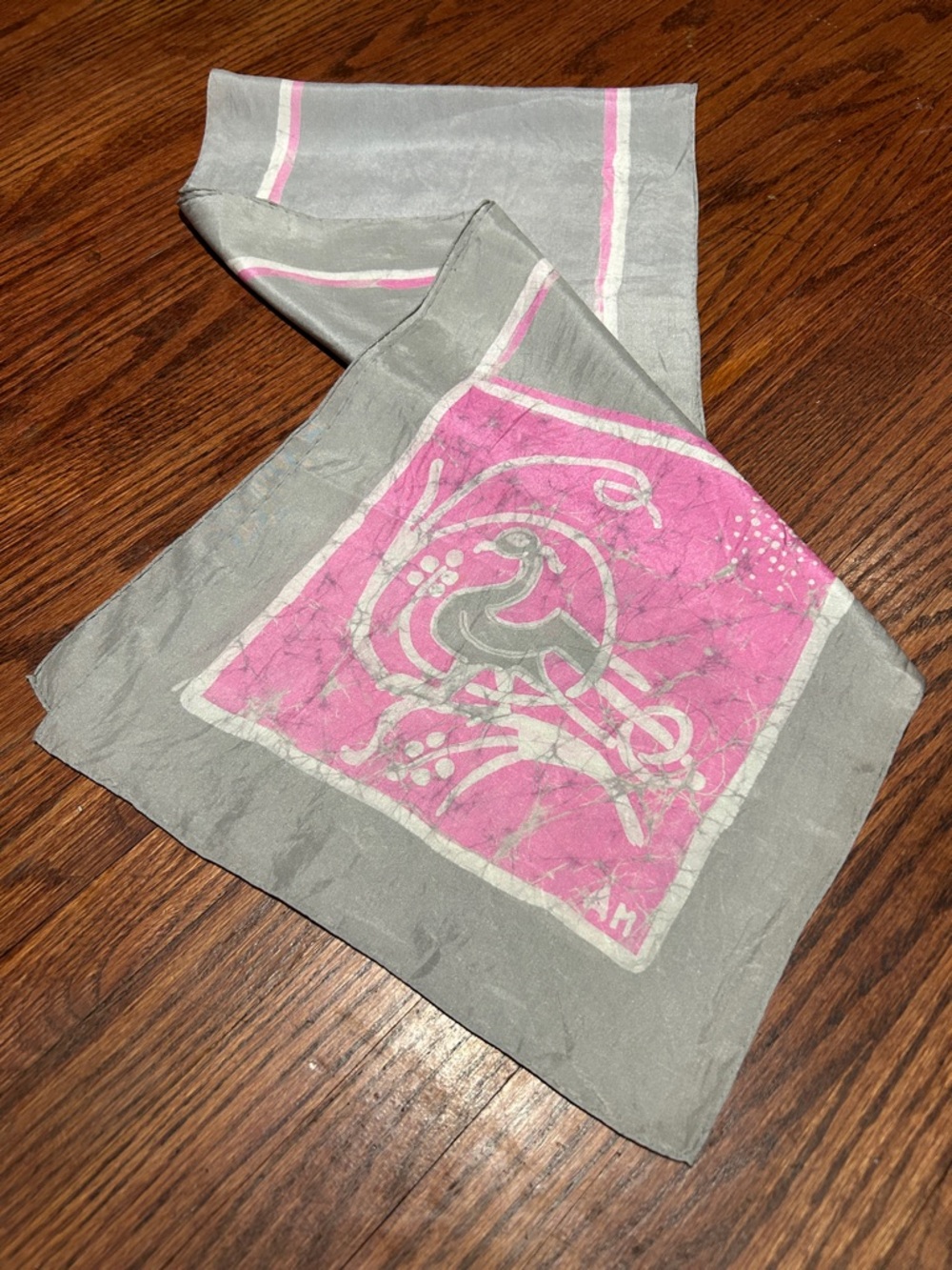 Gray and Pink 100% Silk Scarf with Bird Motif